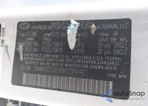 2009 Hyundai Santa Fe Gls из США, поврежденный, VIN 5NMSG13D99H251041